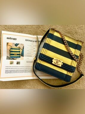 CHANEL Metallic Lambskin Striped North South Boy Flap Navy Gold